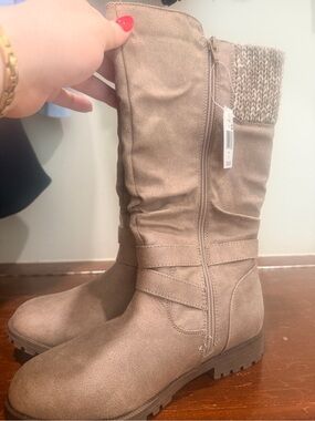 Girls' Knit-Cuff Mid-Calf Boots in Taupe